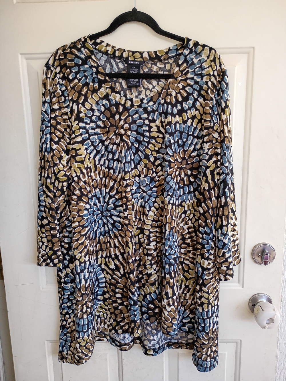 Premise NWT Blue/Brown Mosaic Burst Print Top 3/4 Sleeve Casual Artsy Flowy XXL